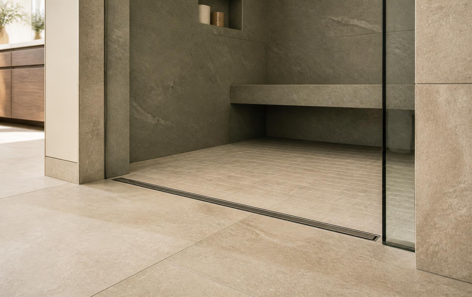 Curbless shower entry with a linear drain and precisely aligned stone tile