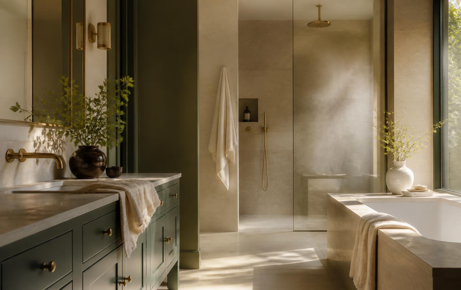 Bathroom interior with large-format tile, a wall-hung vanity and a glass shower enclosure