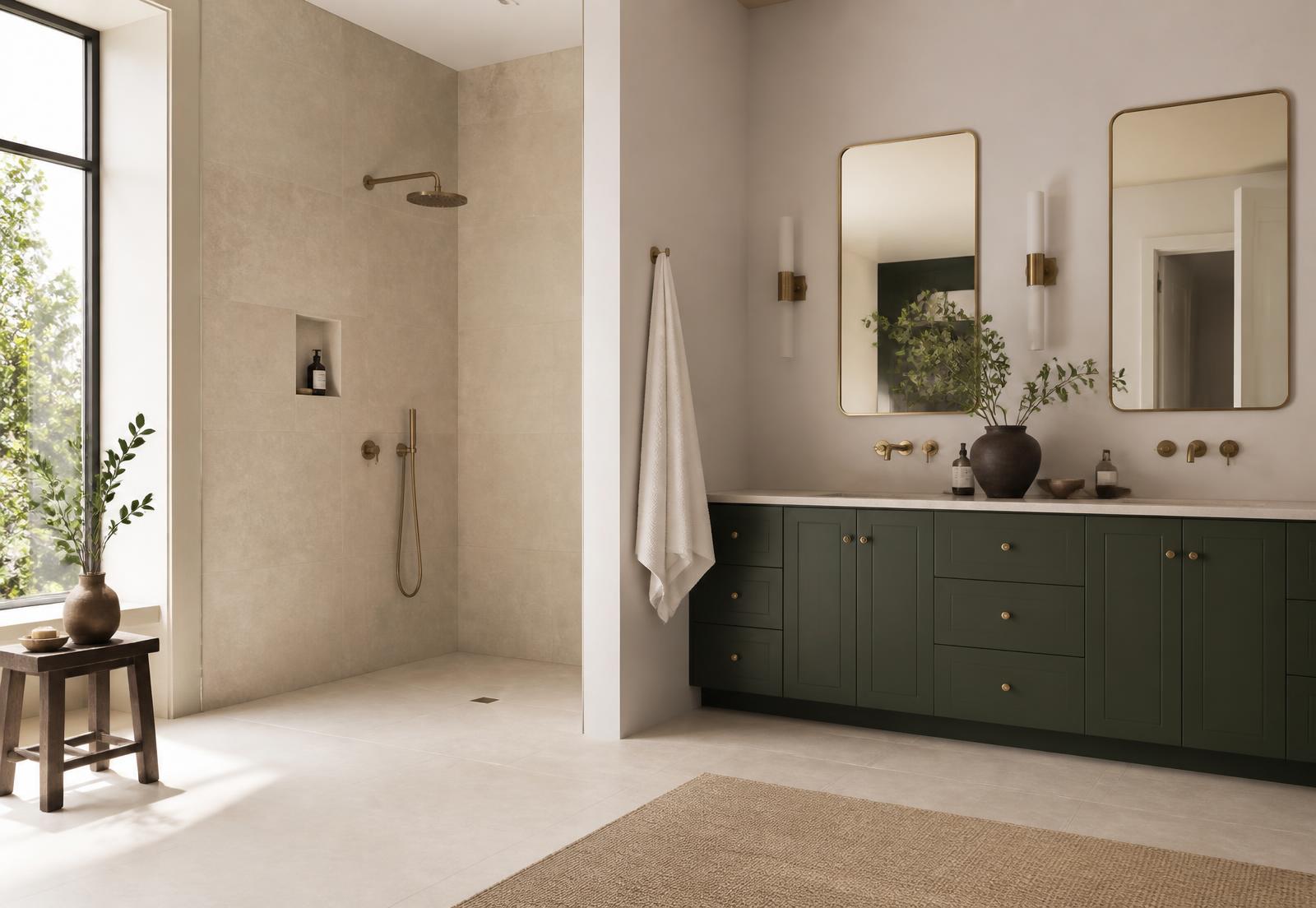 Bathroom with a curbless tiled walk-in shower, deep green vanity cabinetry and warm limestone tones